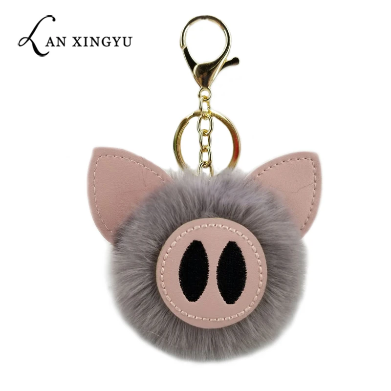 Брелок кожаный поросенок меховой шарик помпон брелоки сумки декоративные