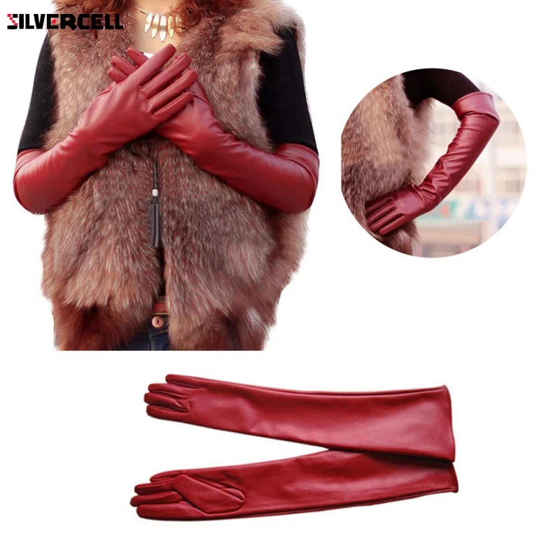 Women PU Faux Leather Elbow Gloves Winter Long Gloves Warm Lined Finger Gloves M-XL