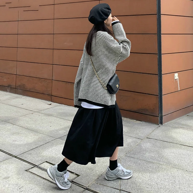 

Sweater Pullovers Women Spring Plaid Oversized O-Neck Long Sleeve Basic Classic Retro Students Loose Casual Tops Korean Style