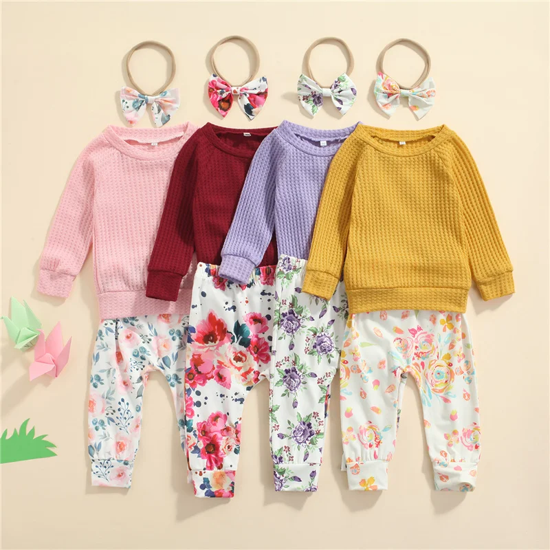 

2021 0-24M Infant Baby Girl Clothes Solid Color Knitted O Neck Long Sleeve Top Pullovers+Floral Print Pants Sweet Fall 3pcs Set