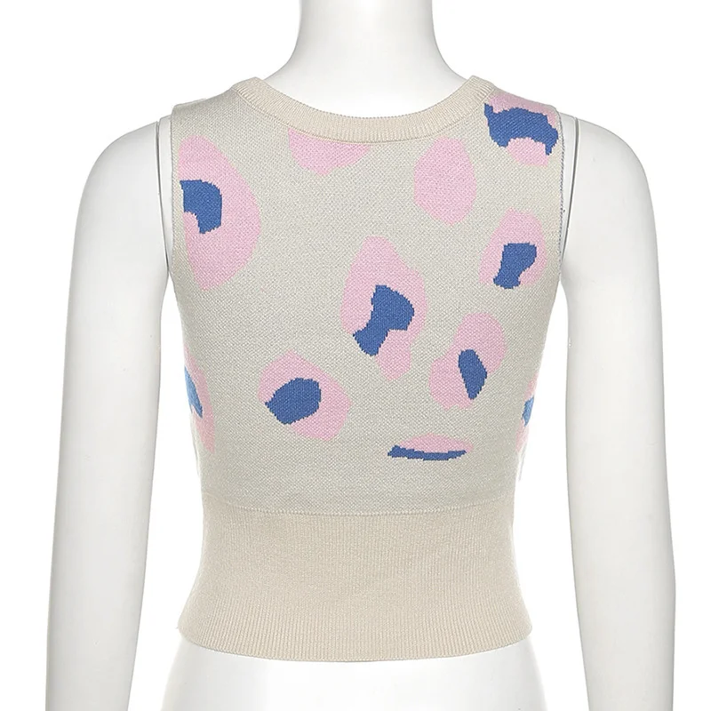 

V Neck Sleeveless Knitted Crop Top Women Floral Print Backless Sweater Vest Fashion Casual Single Breasted Knitwear Summer