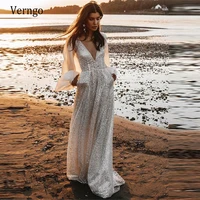 verngo silver sequin sparkly evening dresses v neck long sleeves formal party gowns elegant 2021 new vestido de noiva
