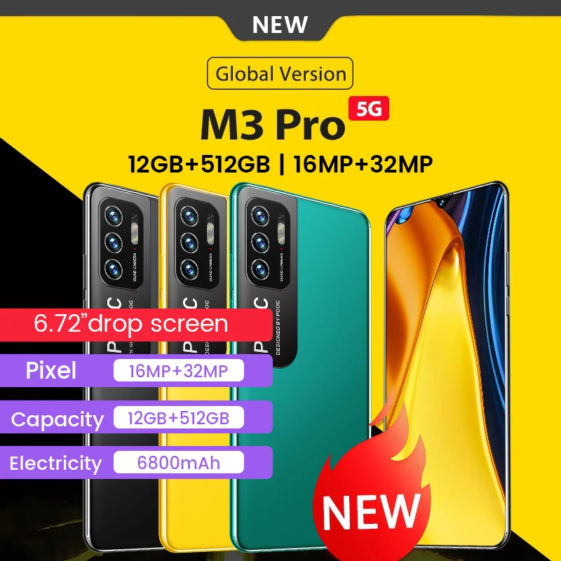 

M3 Pro 5G smart phone 12 512G New 16MP+32MP 6800mAh WiFi three camera MTK6889 smart phone 6.72 HD Full Display Cellphones