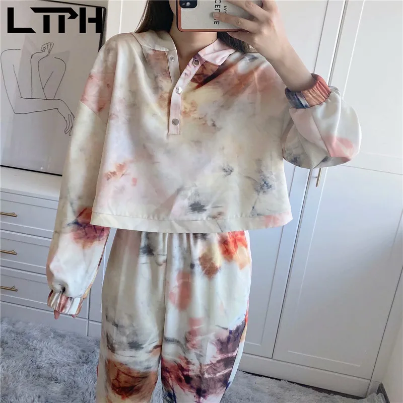 

LTPH ins Tie-Dye Outfits Short Loose Hooded Sweatshirt High Waist Casual Jogging Pants Sets two piece set women 2021 Spring New
