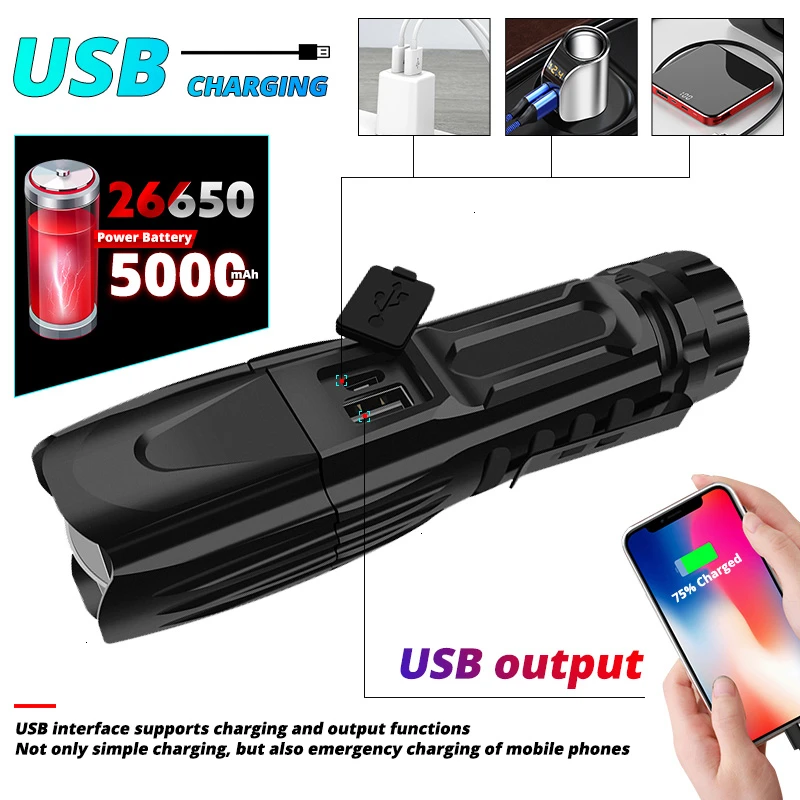 Мощный масштабируемый светодиодный фонарик XHP90 перезаряжаемый от USB 26650 фонарь с 5