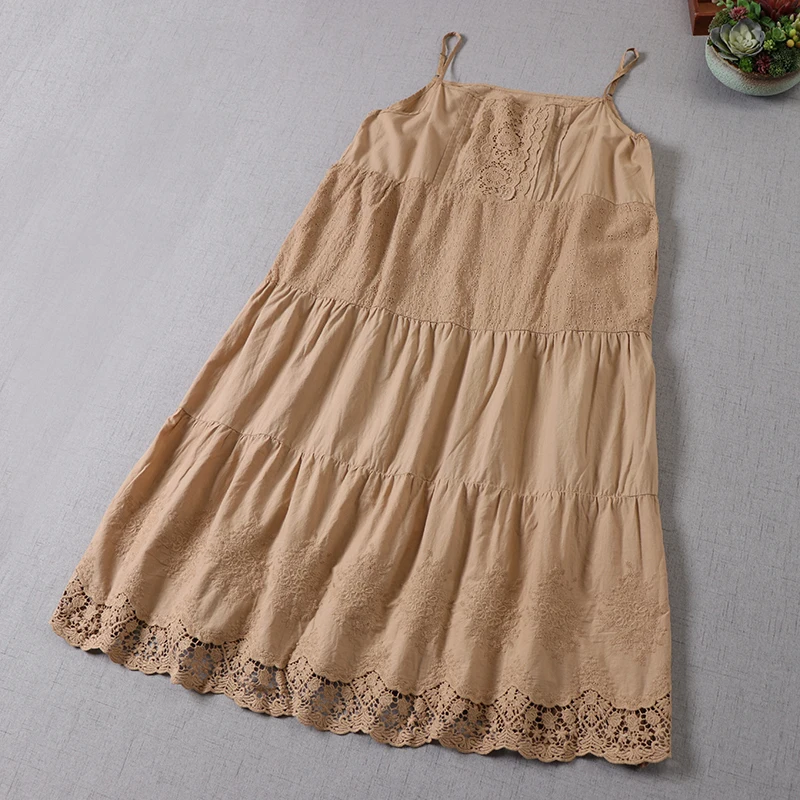 

Japan Style Mori Girl Literary Fresh Cotton Embroidery Sling Dress Lace Loose Sleeveless Dress