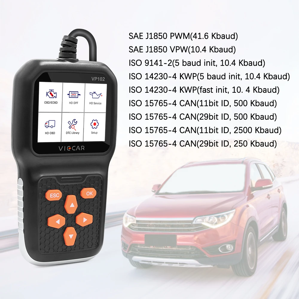 Диагностический прибор Viecar VP102 HD OBD/EOBD OBD2 считыватель кодов для грузовиков 12 В/24 В