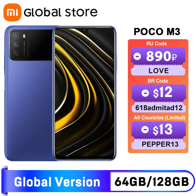 Глобальная версия смартфона POCO M3 4 ГБ 64 ГБ/4 128 дисплей Snapdragon 662 6 53 &quotАккумулятор 6000