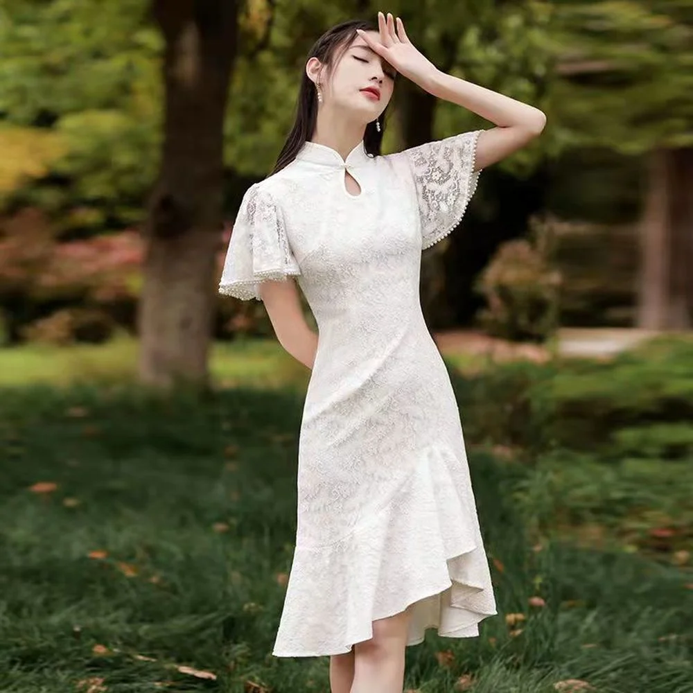 

2021 White Lace Puff Sleeve Party Casual Qipao Dress Modern Traditional Chinese Clothing Vintage Improved Cheongsam for Women