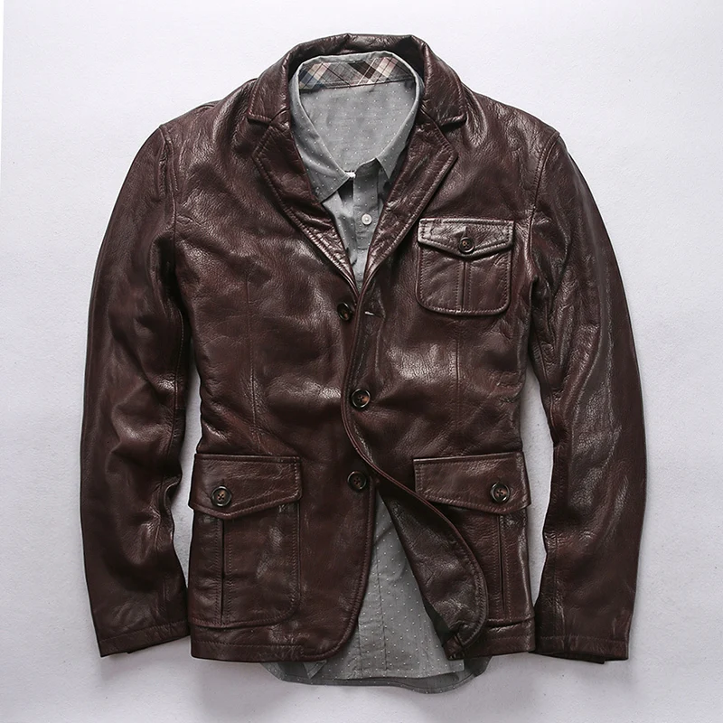 

AVFLY 2020 Men Brown Genuine Leather Jacket Business Casual Vegetable tanned goatskin Blazer Jackets M-4XL Free Shipping