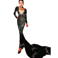 black sparkly diamonds long tailing dress stretch dress women singer show performance costume prom birthday celebrate outfit