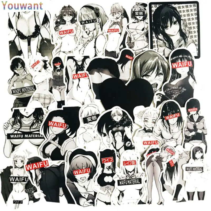

50pcs/Pack Japan Anime Black White Sexy Girl Waifu Stickers PVC Skateboard Guitar Waterproof Laptop Graffiti Sticker Toys
