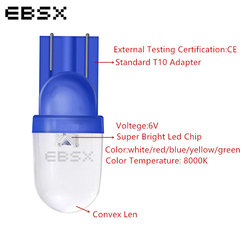 EBSX, 100 шт., T10, DC 6 В, 6,3 В, пинбол, хвост, светодиодные фонари, нет-анти, ореолы для Bally, пинбол, игровой автомат, белый, красный, синий, желтый