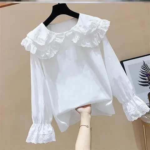 

Women Blouse Lace Peter Pan Collar Shirt Spring White Top Blusas Ropa De Mujer