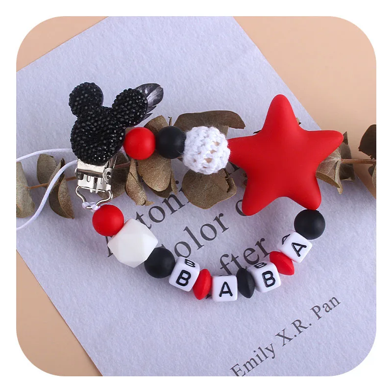 Cadena con clip para chupete de beb&eacute;, chupete con nombre personalizado, cuentas de dentici&oacute;n de silicona, regalo de cumplea&ntilde;os de beb&eacute;, Mickey-2