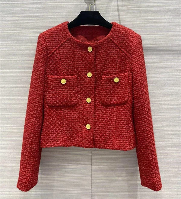 

European and American women's clothing winter 2022 new Long sleeve gold button Fashion round collar Red tweed coat