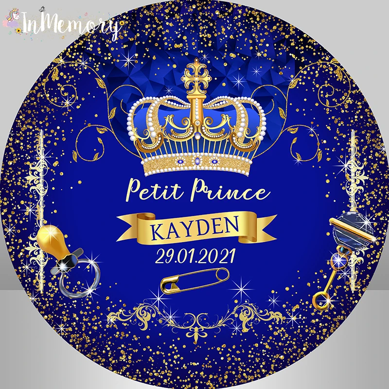 Fondo de círculo de príncipe azul real, corona dorada, brillo para bebé, primer cumpleaños, fondo redondo, decoración de fiesta, cubierta de mesa de pastel