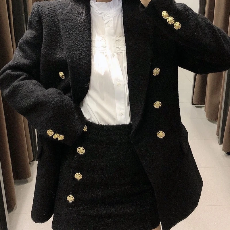 

YOSIBCD Women 2021 Fashion Office Wear Double Breasted Tweed Blazer Coat Vintage Long Sleeve Pockets Female Outerwear Chic Tops