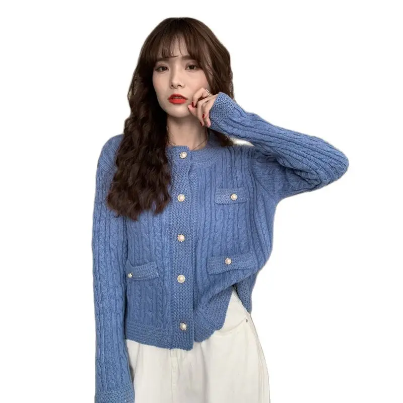 

2021 Autumn And Winter Temperament Commuter Single-Breasted Round Neck Cotton Blue Solid Color Trendy Knitted Cardigan Sweater