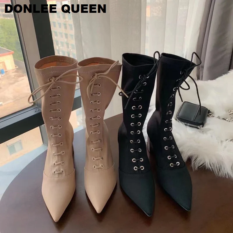 Сапоги из эластичной ткани с перекрестными ремешками женская пикантная обувь на