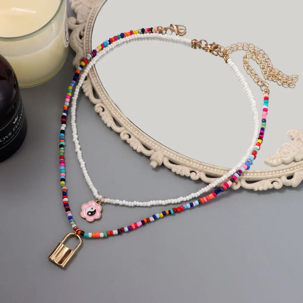 

Flatfoosie Multi-layer Colorful Beaded Choker Necklace For Women Handmade Beads Yin Yang Flower Pendant Necklace Fashion Jewelry