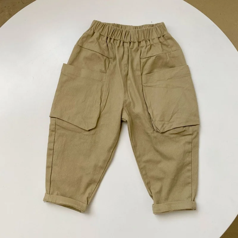 

Children work wear pants spring and autumn boys and girls casual Solid color pant 2021 new elastic loose big pocket long pants