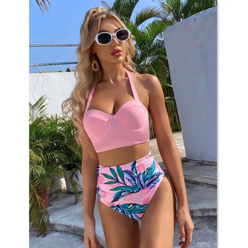 

Leaf Print High Waist Bikini Set Halter Push Up Swimwear Female Separate Swimsuit Women 2 Pieces Bathing Suit Bikinis 2021 Mujer