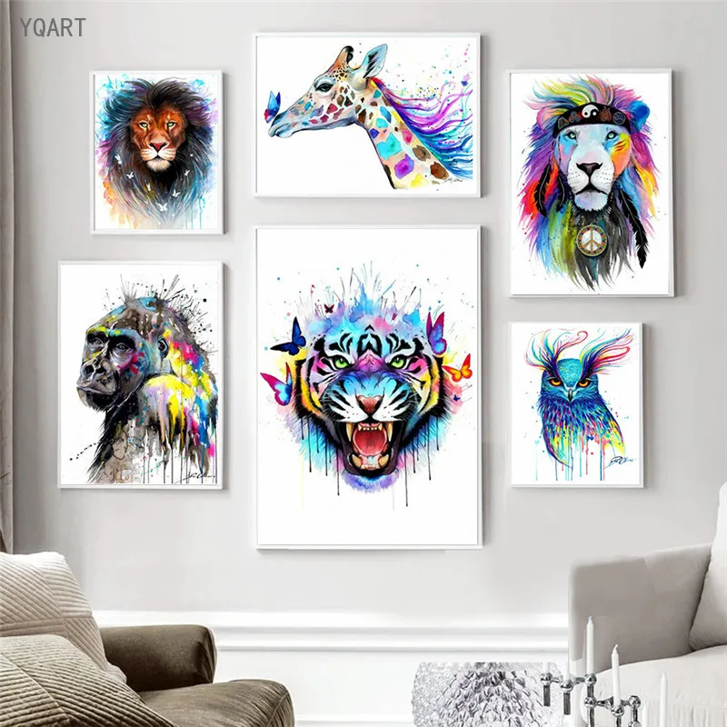 

Watercolor Lion Giraffe Tiger Owl Canvas Painting on The Wall Nordic Animal Posters and Prints Wall Pictures for Home Room Decor