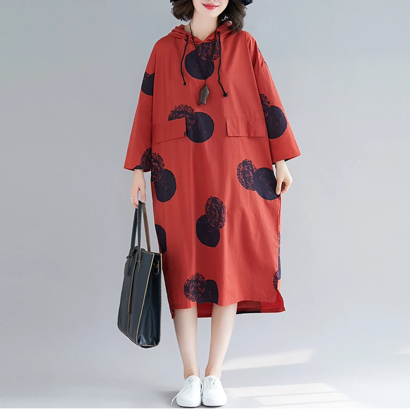 

Women'S Oversize Maxi Dress Spring Autumn Long-Sleeve Slim Cotton Hooded Dresses Plus Size Loose Vintage Printing Ladies Dress
