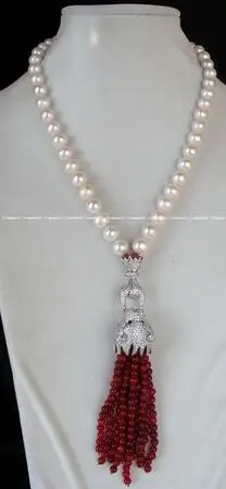 Beautiful 9-10mm white round freshwater pearl and inlay CZ leopard clasp 4mm red agates necklace 18