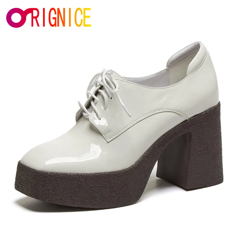 Orignice New Spring Elegant Square Toe Platform Genuine Leather High Heels Pumps For Women Cross Tied Party Prom Office Shoes