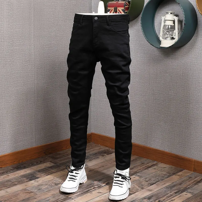 Korean Style Fashion Men Jeans Elastic Cotton Black Color Slim Fit Ripped Jeans Men Casual Simple Designer Denim Pencil Pants