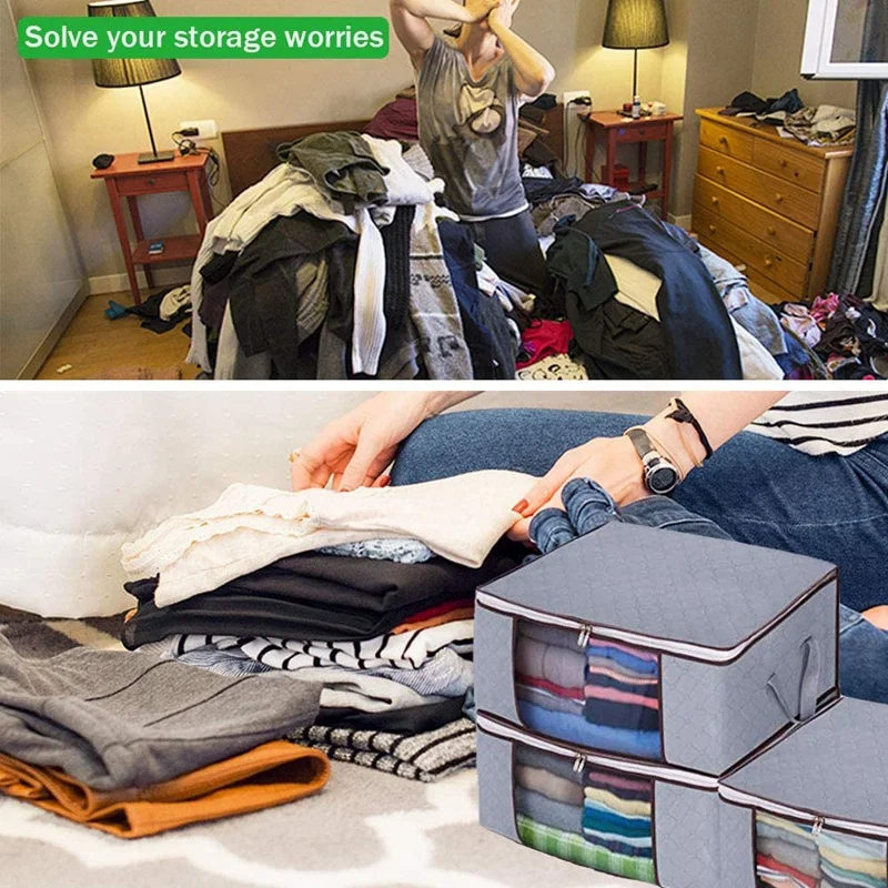 

3 Pcs Foldable Storage Bags,Storage Bins with Clear Window,Closet Organizer Great for Clothes,Quilt and More