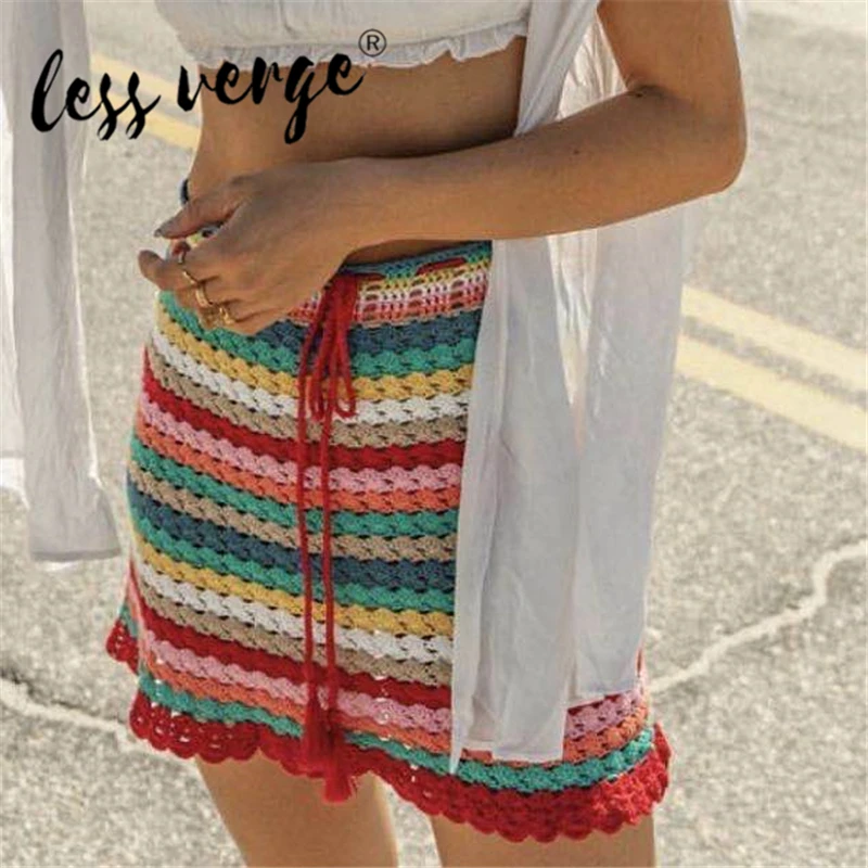Новая модная женская юбка Lessverge мини-юбка в полоску радужного цвета на шнуровке