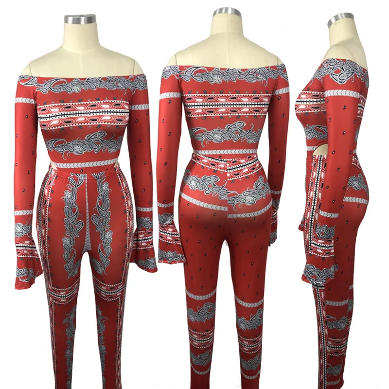 

ZKYZWX Aesthetic2 Piece Set for Women Festival Clothing Off Shoulder flare Sleeve Bodysuit tops Sexy Pencil pants Club Outfits