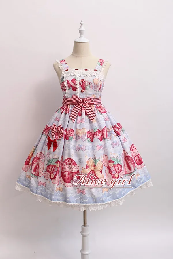 Крем и клубника~ сладкий Лолита печатных JSK платье w. Значок от Alice Girl~ предварительный заказ