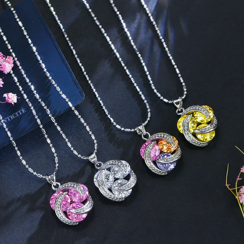 

European And American Fashion Upscale Color Crystal Zircon Necklace Earrings Ring 3Pcs Of Geometric Shape Exquisite Jewelry Sets