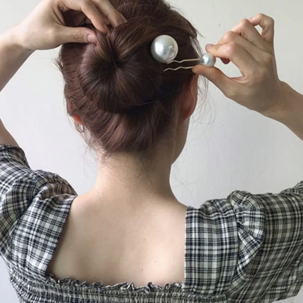 Заколка для волос U-образной формы с большим маленьким искусственным жемчугом
