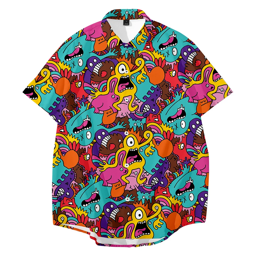 2021 Men's Shirts Men Hawaiian Casual Button Shirt Musical Psychedelic Graffiti Printed Short-sleeve Beach Blouses Tops Camicias