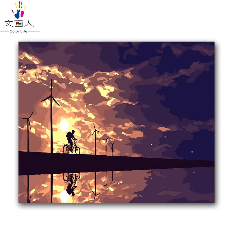 Закат морской пейзаж фигурка велосипед мельница живопись по номерам с