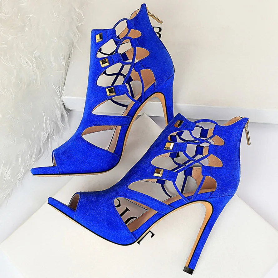 

New Women Fetish Stripper Sandals Ankle Boots 10.5cm High Heels Lace Up Gladiator Gladiator Peep Toe Yellow Summer Blue Shoes