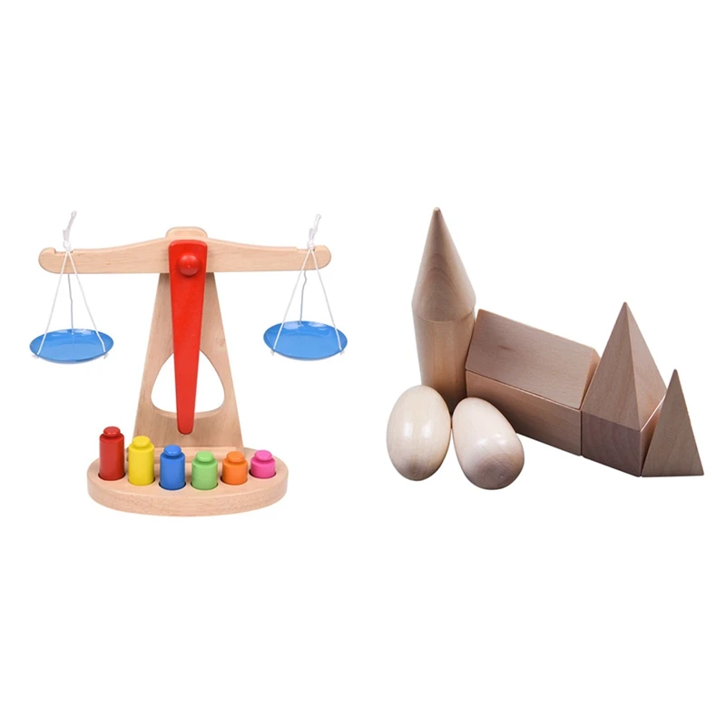 

Children Toy Wooden Balance Scale With 6 Weight With Wooden Mystery Bag Geometry Blocks Set Educational Cognitive Toys