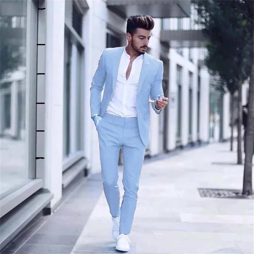 Casual Fashion Luxurious Business Men Suits Set for Wedding Suits Man Tuxedos Slim Fit Sky Blue Men Suits(Jacket+Pants)