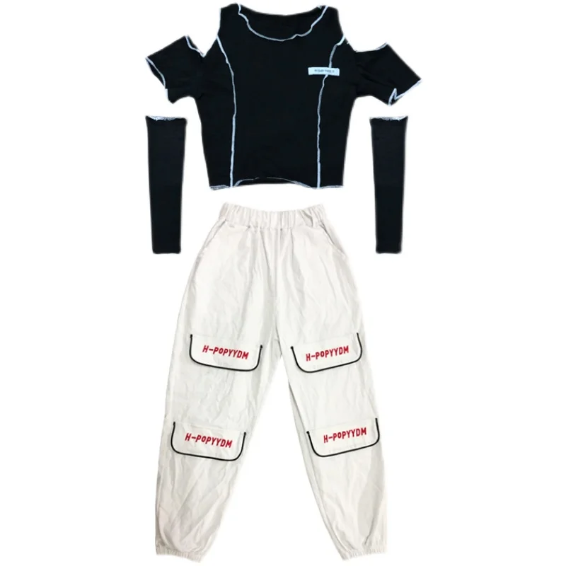 

Jazz Children'S Performance Hip Hop Day Girls Black Off-The-Shoulder Top White Trousers Street Dance Costume Clothing WD0136
