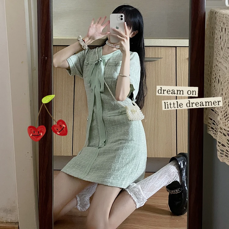 Платье женское твидовое с круглым вырезом винтажное модное мини платье зеленого