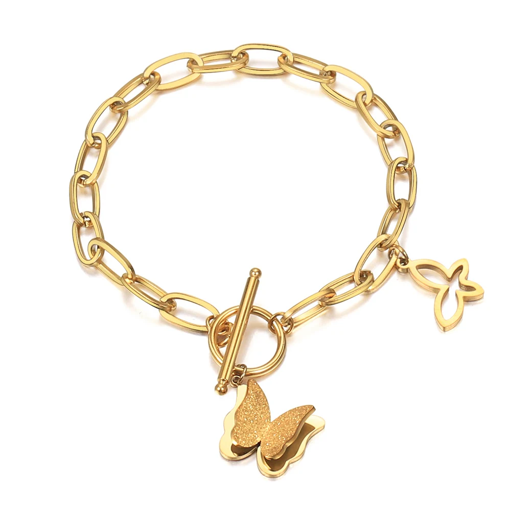 

Trendy Womens Butterfly Bracelets Gold Tone Stainless Steel Cable Paperclip Link Chain Bracelet On Hand Gift for Women DB338