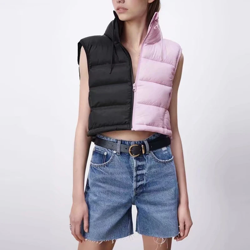 

ZA Vest jacket Autumn New Fashion Stitching Slim Warm Women Jacket Vest 2021 Casual Street Fashion mix match Young Student Vest