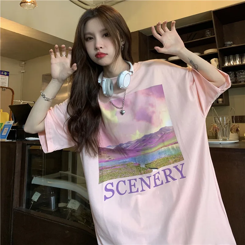 

High Street Hip Hop Scenery Print Women Tops Harajuku Oversize Tee Shirt Soft Loose Tshirts Fashion Casual Womens T Shirt