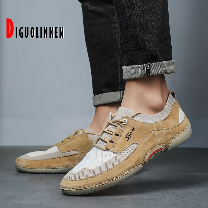 

2021 Shoes Men Lace-up Loafers Light Soft Men Classic Casual Suede Leather and Mesh Driving Sneakers Men Flats Summer