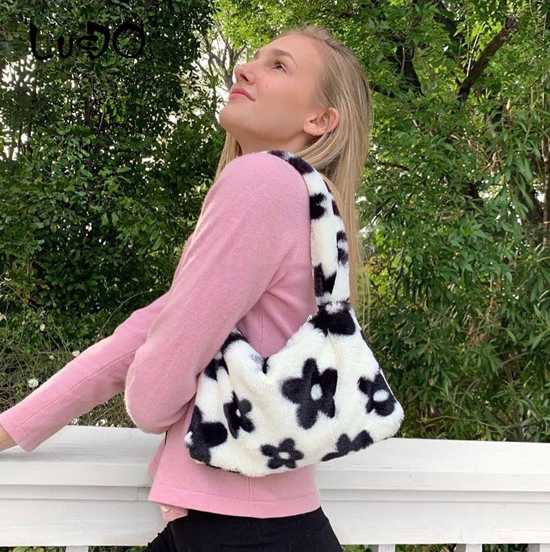 Зимние Модные женские сумки на плечо мягкая плюшевая сумка с цветочным узором